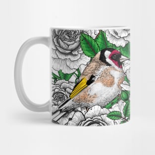 White Rose flowers and goldfinch birds Mug